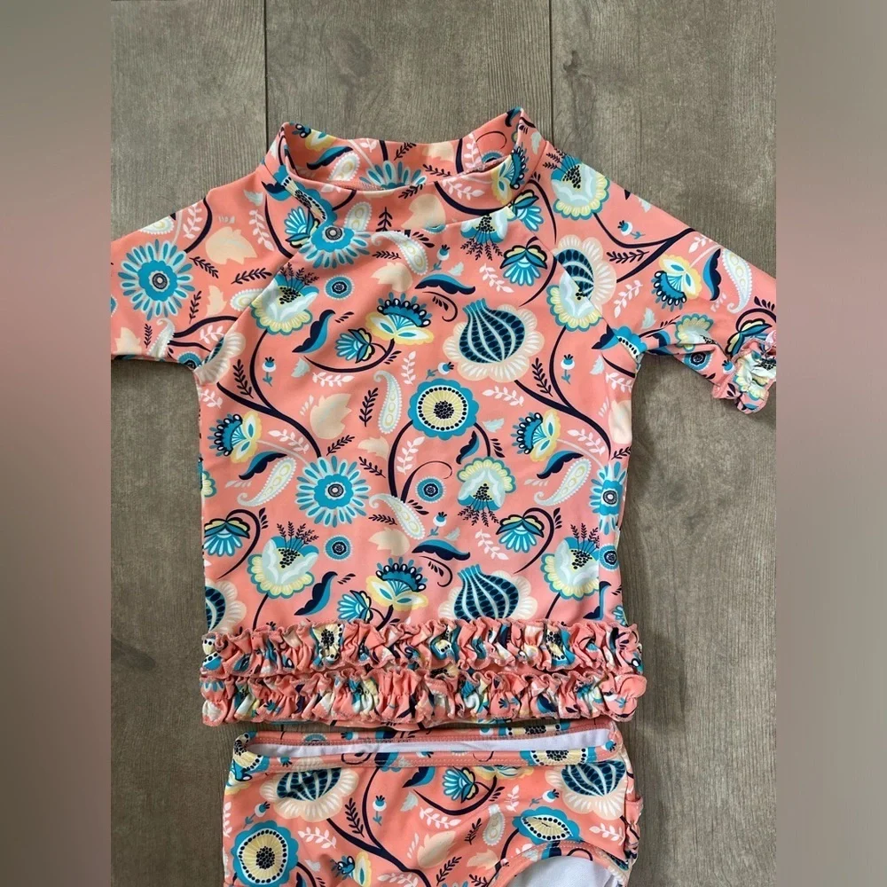 RuffleButts Paisley Paradise Two-Piece Rashguard Swimsuit Size 18-24 months